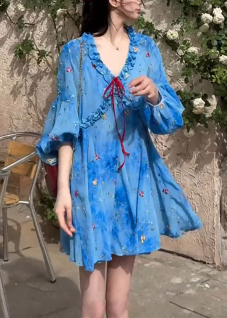 Blue Sleeve Puff Ruffled Print Chiffon Dresses French