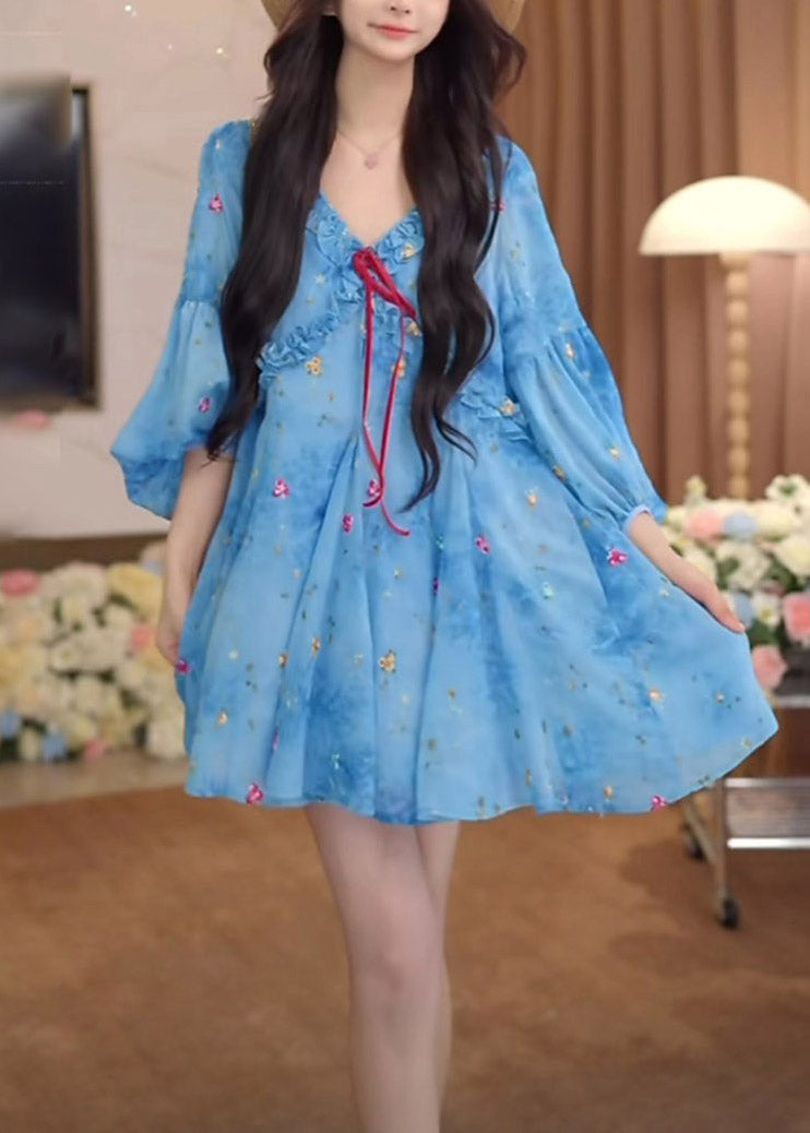 Blue Sleeve Puff Ruffled Print Chiffon Dresses French