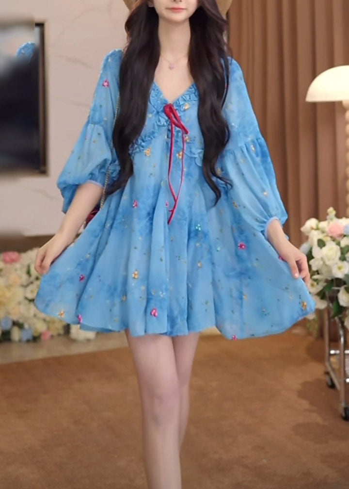 Blue Sleeve Puff Ruffled Print Chiffon Dresses French