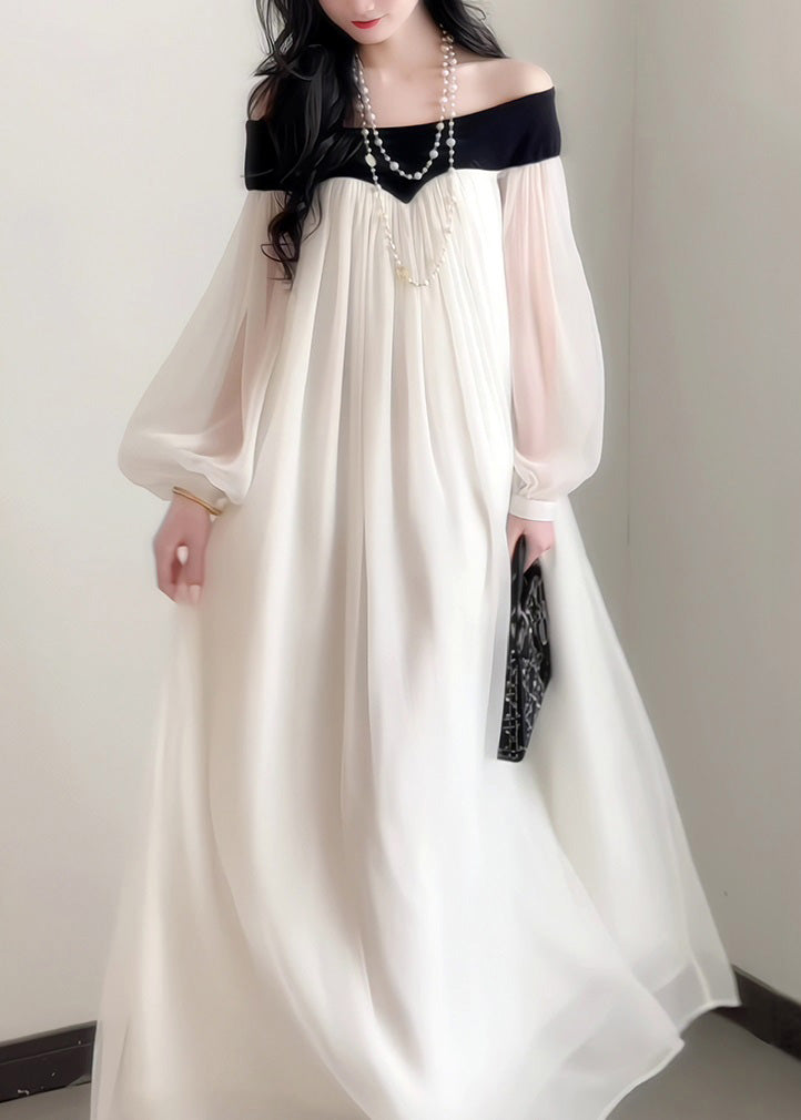 Lantern Elegant Slash Dress French Sleeves Chiffon Neck