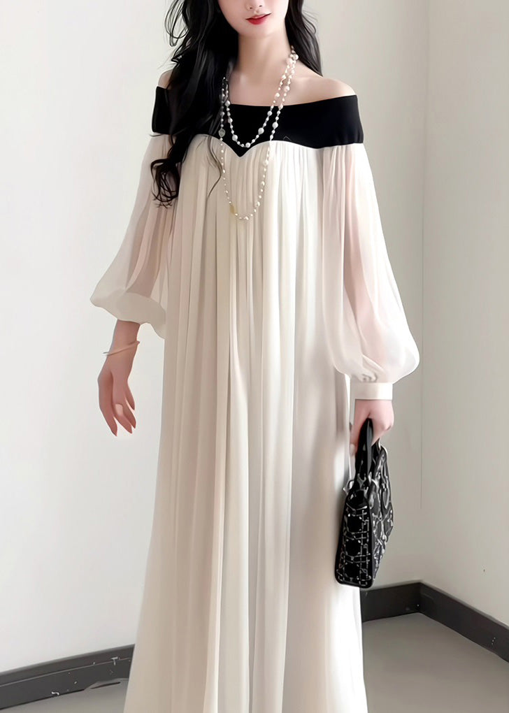 Lantern Elegant Slash Dress French Sleeves Chiffon Neck