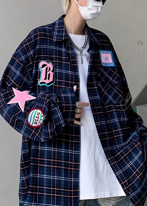 Cotton French Shirt Pockets Men Plaid Navy Spring