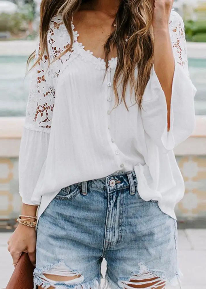 Flare Shirts Sleeve Lace White Patchwork French
