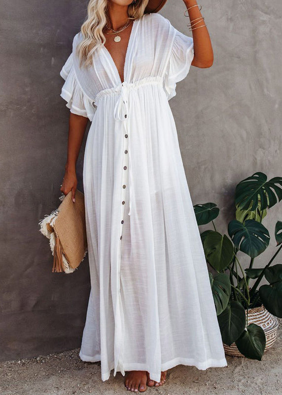 White Dress French V Button Neck Sleeve Short Maxi