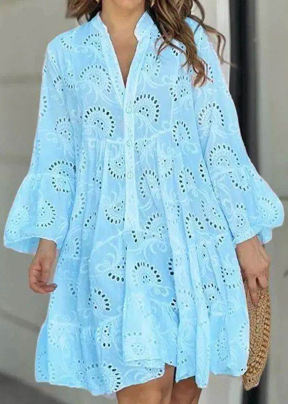 Hollow White Fall Out Neck Long V French Dress Holiday Lace