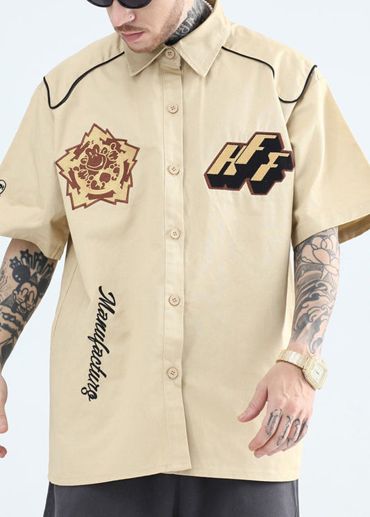 Collar Shirts Mens French Summer Cotton Peter Pan Print Yellow