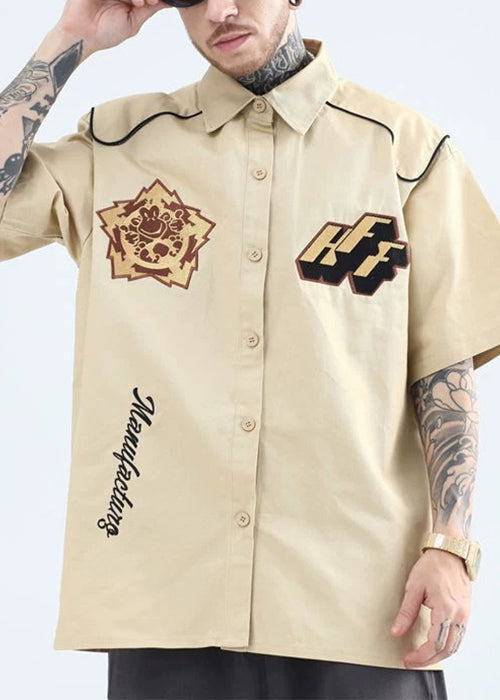 Collar Shirts Mens French Summer Cotton Peter Pan Print Yellow