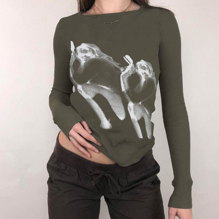 Green Print Long Sleeve Top