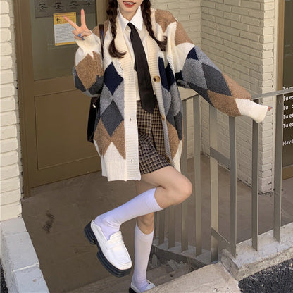 Aesthetic Argyle Cardigan