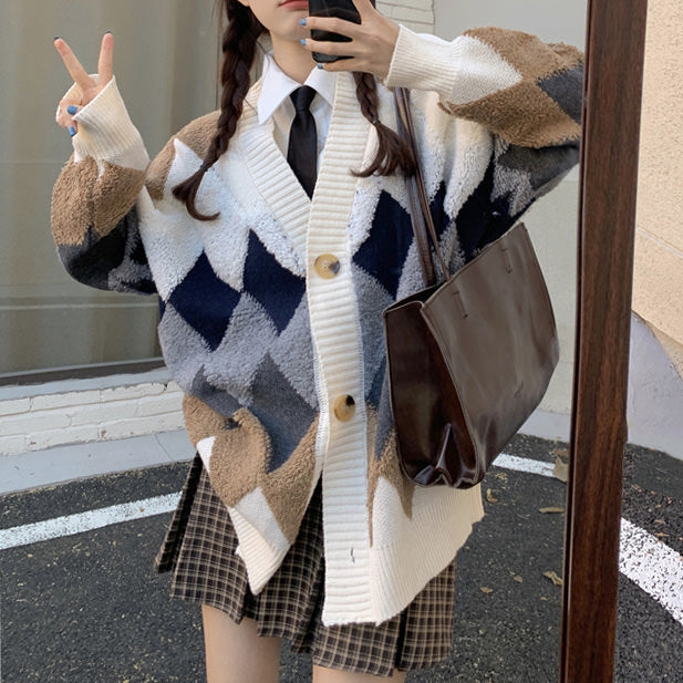 Aesthetic Argyle Cardigan