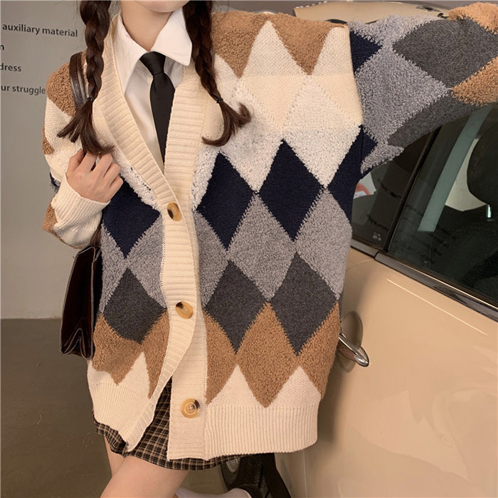 Aesthetic Argyle Cardigan