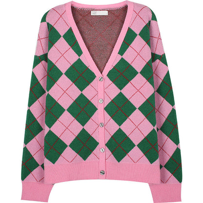 Green Pink Argyle Pattern Cardigan