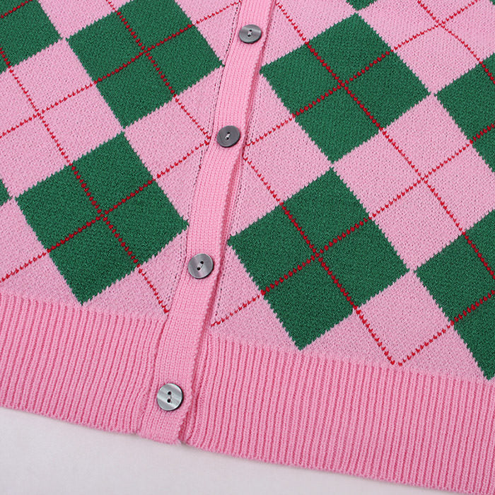 Green Pink Argyle Pattern Cardigan