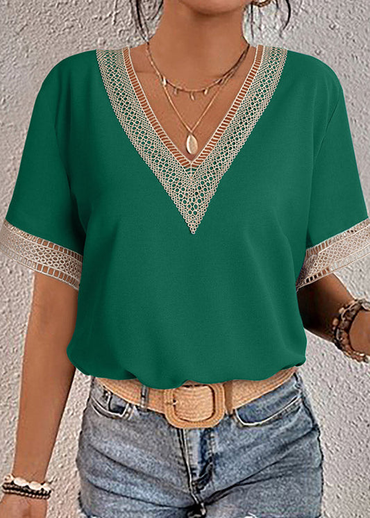 Sleeve Tops Green Neck Out Hollow V Short