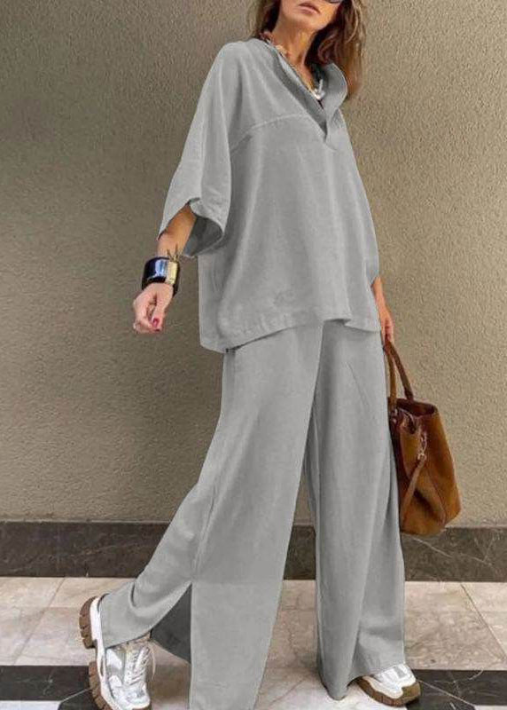 Shirts Two Leg Pants Set And T Pieces Side Open Wide Grey