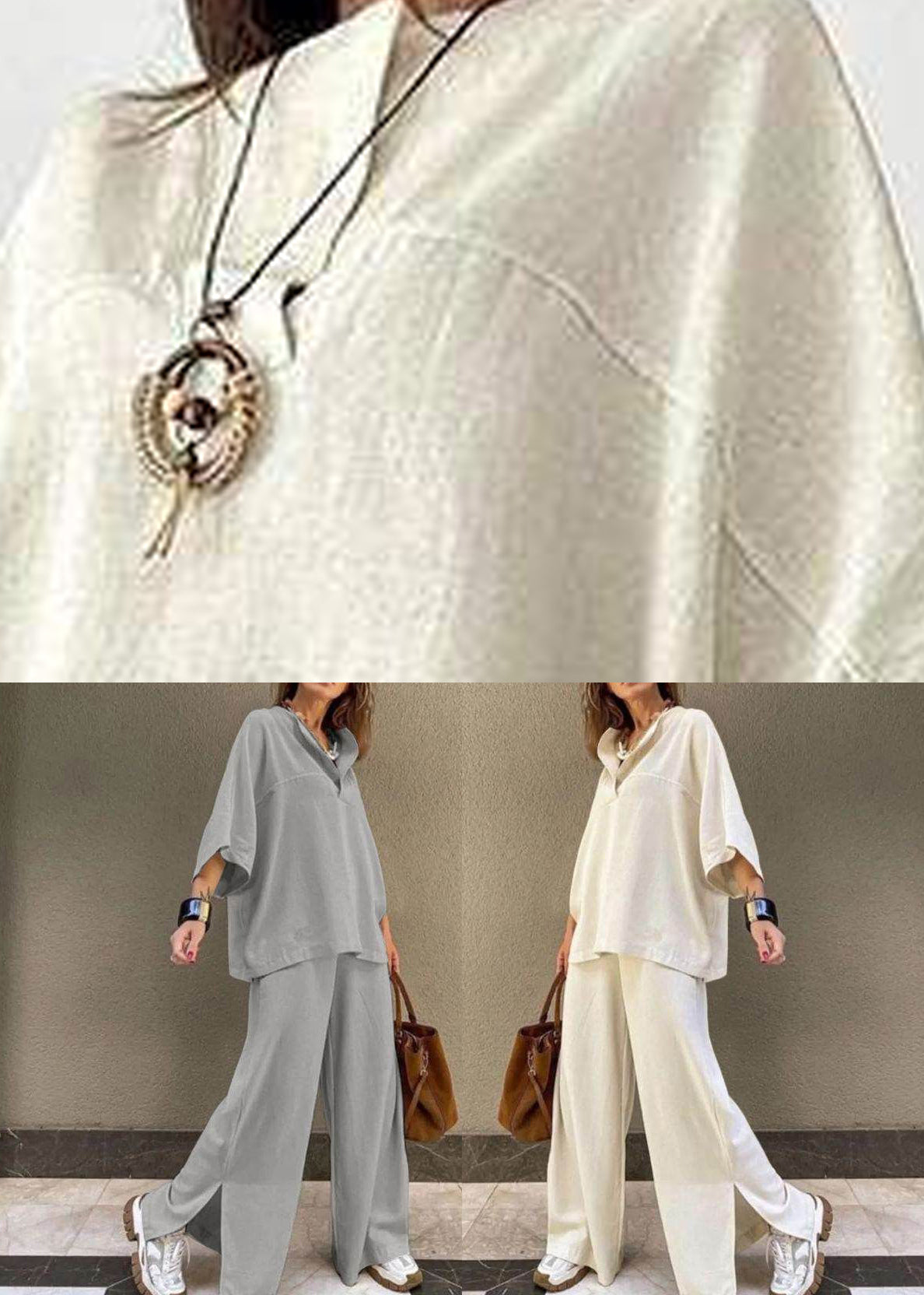 Shirts Two Leg Pants Set And T Pieces Side Open Wide Grey