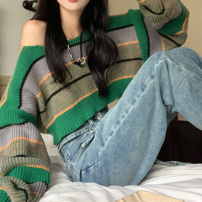 Green Striped Crop Sweater