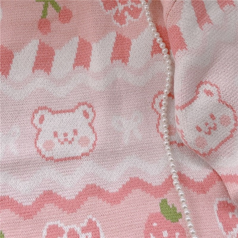 Pink Strawberry Knit Bear Sweater