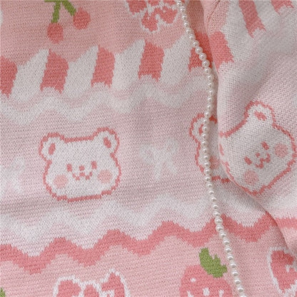 Pink Strawberry Knit Bear Sweater