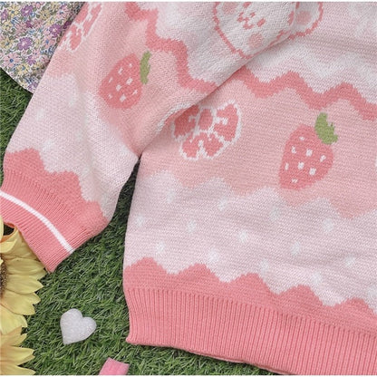 Pink Strawberry Knit Bear Sweater