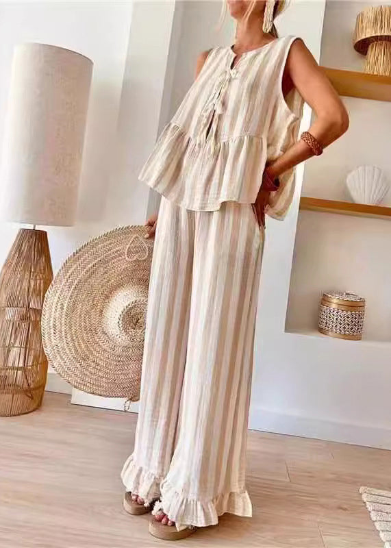 Pants Two Summer Set Striped Top Handmade Camel O-Neck Leg Pieces Wide And