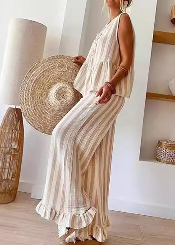 Pants Two Summer Set Striped Top Handmade Camel O-Neck Leg Pieces Wide And