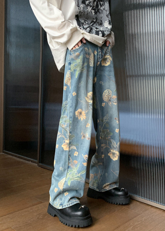 Handmade Denim Blue Pockets Print Mens Trousers Summer  GEM554