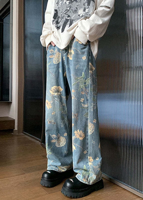 Handmade Denim Blue Pockets Print Mens Trousers Summer  GEM554