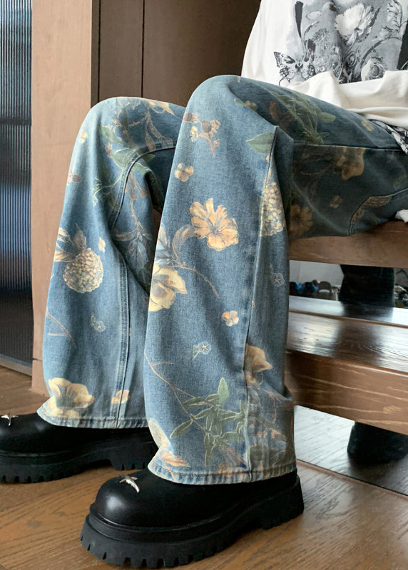 Handmade Denim Blue Pockets Print Mens Trousers Summer  GEM554