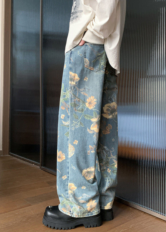 Handmade Denim Blue Pockets Print Mens Trousers Summer  GEM554