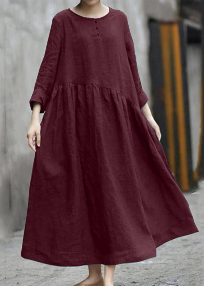 Handmade Robe O-Neck Dresses Patchwork Pockets Fall Red