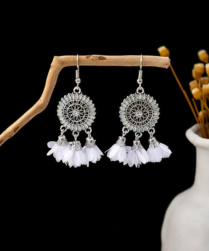 White Earrings Chiffon Drop Tassel Zircon Sterling Floral Silver Handmade
