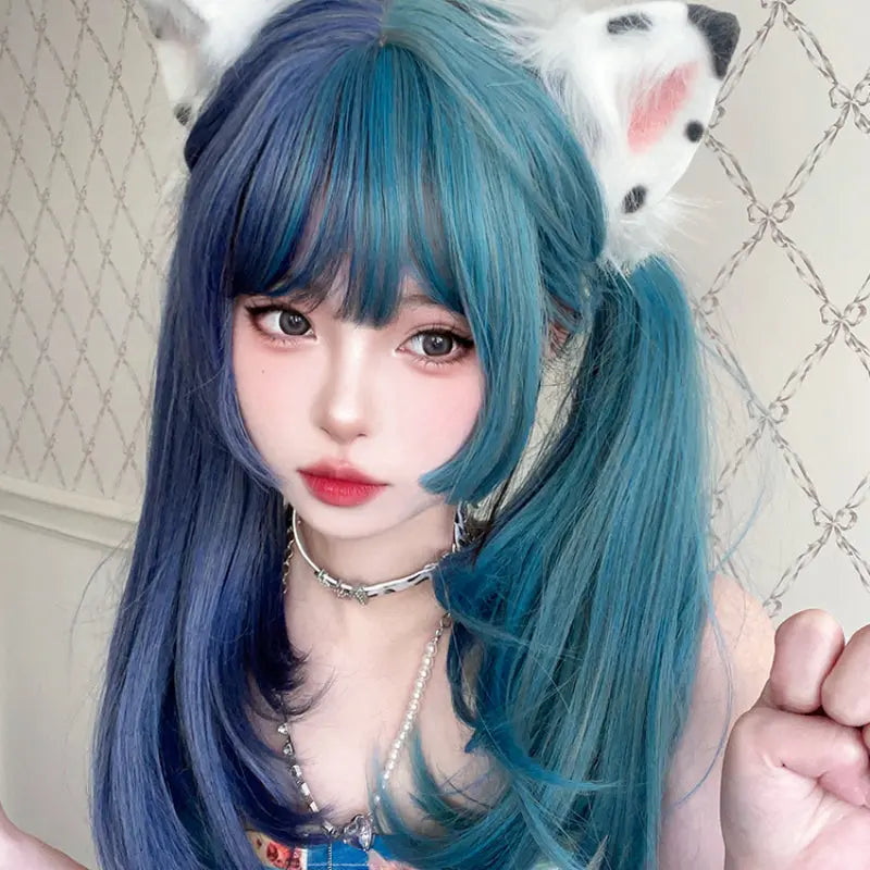 Kawaii Aesthetic Y2K Cute Fairy Harajuku Half Blue and Half Teal Wig ON1468 spreepickyshop