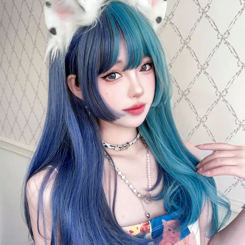 Kawaii Aesthetic Y2K Cute Fairy Harajuku Half Blue and Half Teal Wig ON1468 spreepickyshop