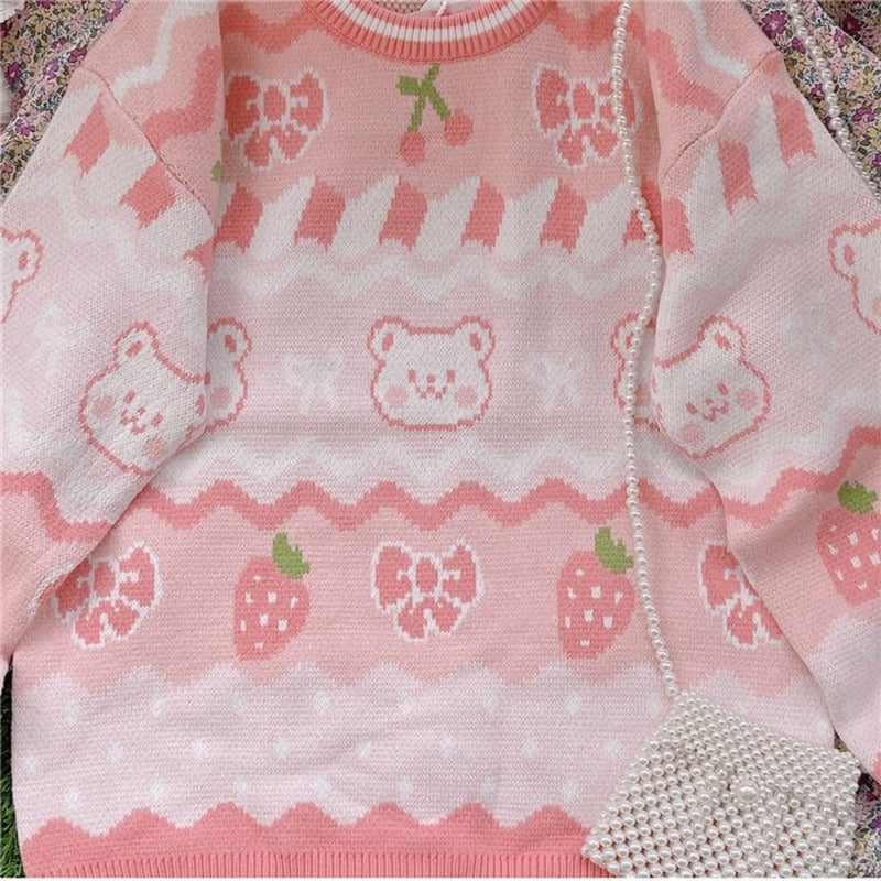 Pink Strawberry Knit Bear Sweater