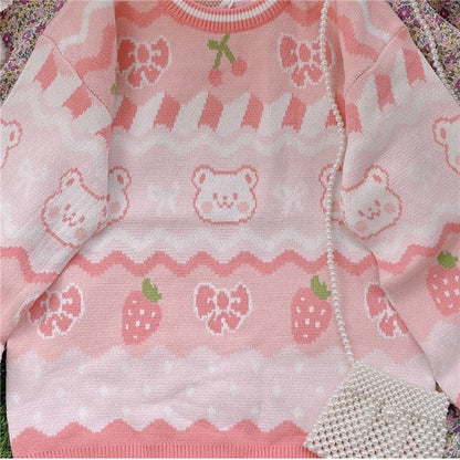 Pink Strawberry Knit Bear Sweater