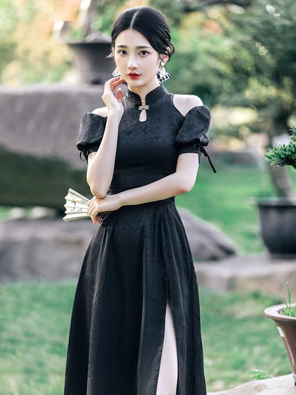 Chic Textured Puffy Sleeve Cheongsam