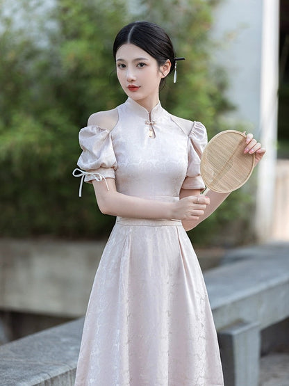 Chic Textured Puffy Sleeve Cheongsam