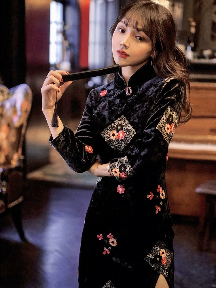 Black Fur Sleeve Long Cheongsam