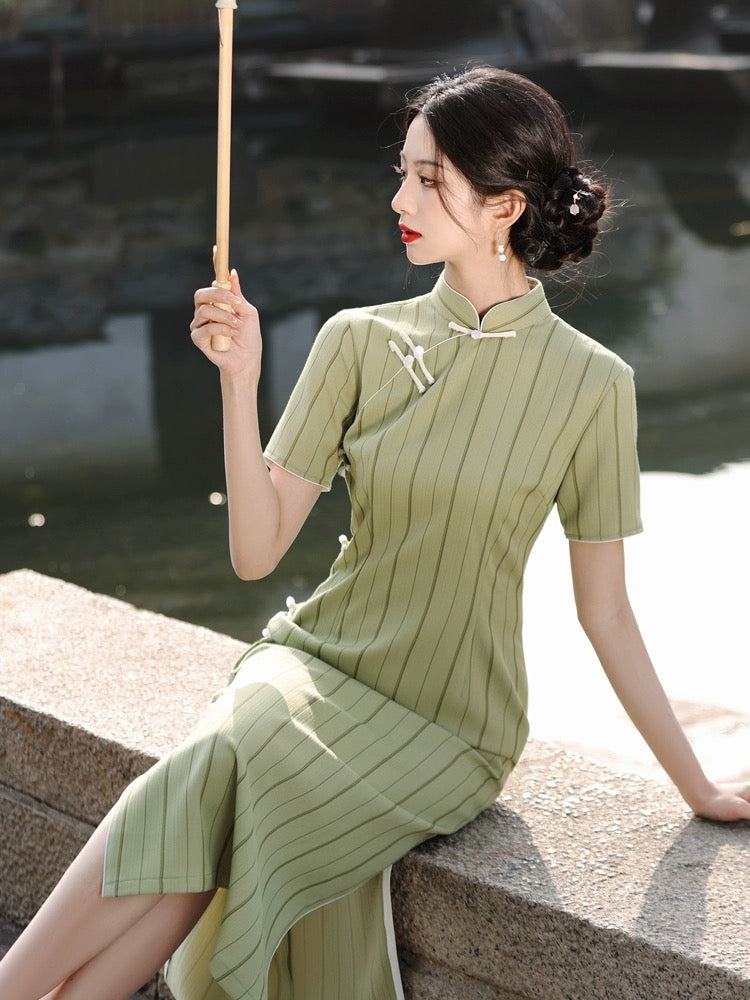 Stripe Short Sleeve Long Cheongsam