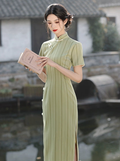 Stripe Short Sleeve Long Cheongsam