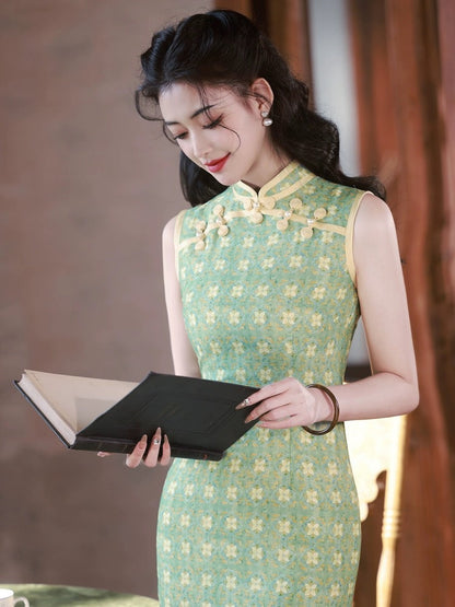 Green Floral Patterned Cheongsam