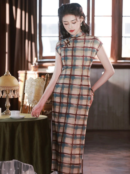 Vintage Checker Patterned Cheongsam