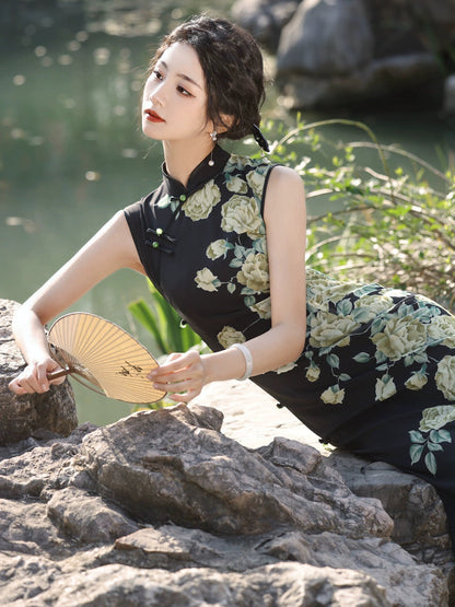 Black with Green Flowers Cheongsam