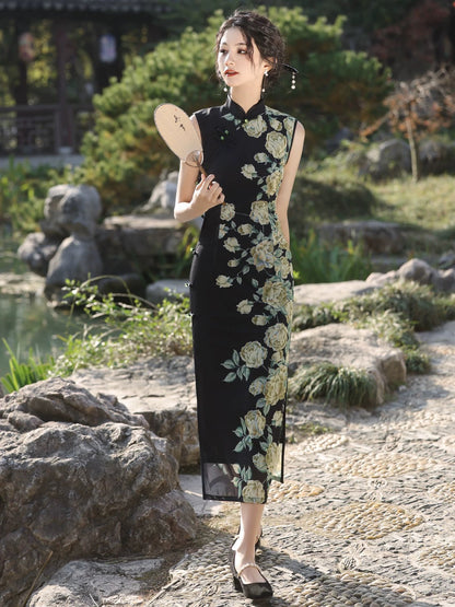 Black with Green Flowers Cheongsam