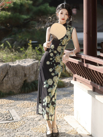 Black with Green Flowers Cheongsam