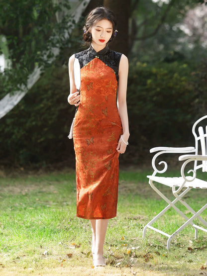 Orange Patterned Cheongsam Dress