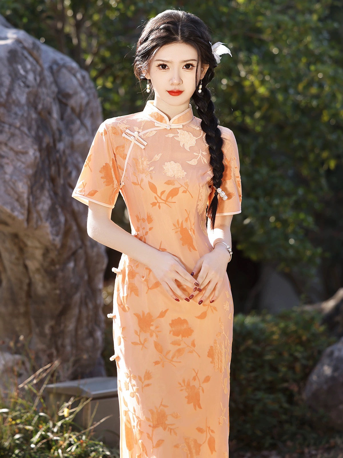 Orange Floral Sleeveless Long Cheongsam