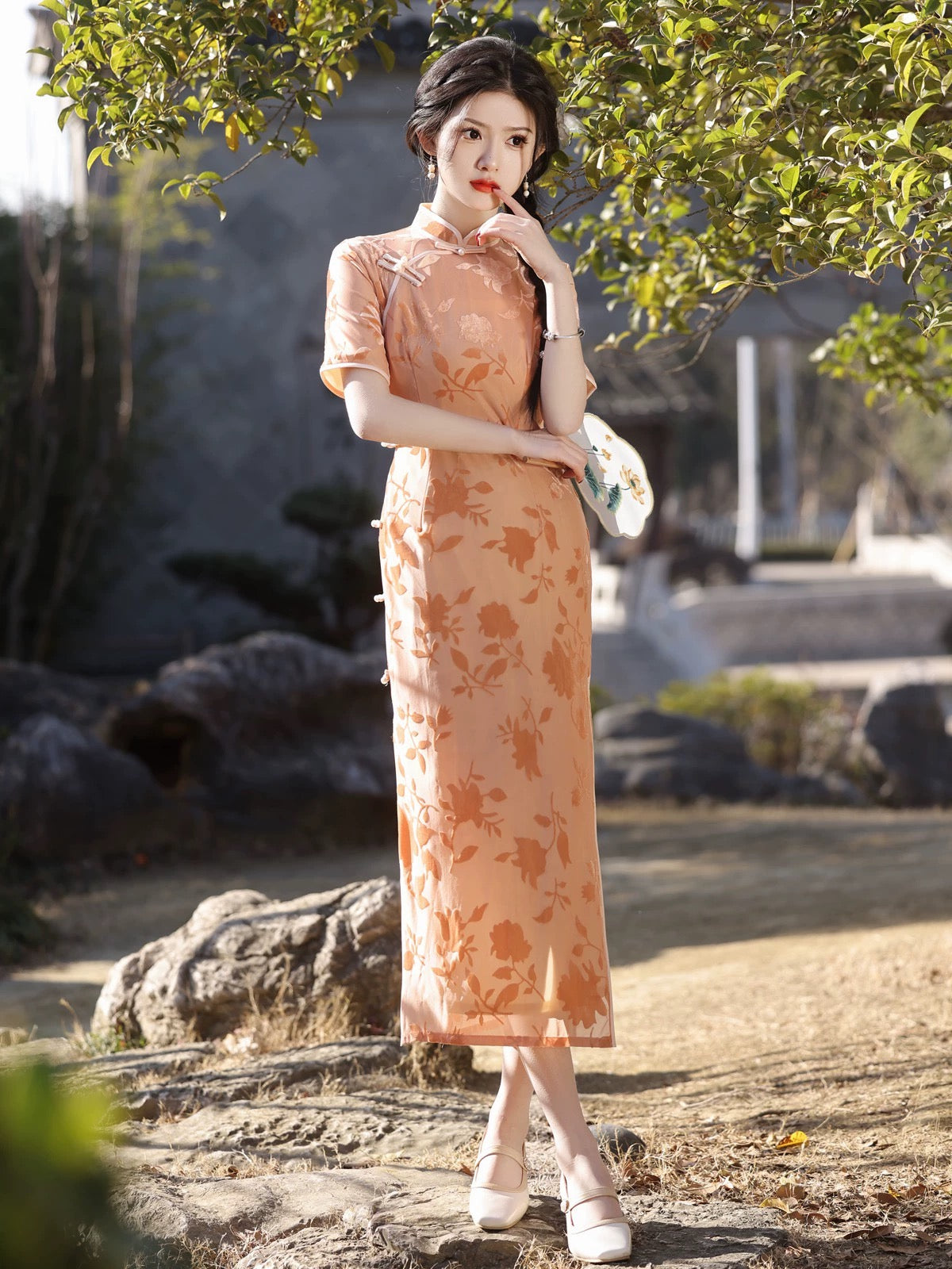 Orange Floral Sleeveless Long Cheongsam