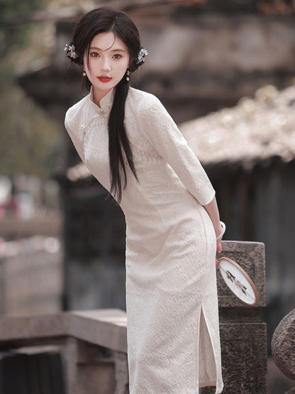 Classic Textured Long Sleeve Cheongsam